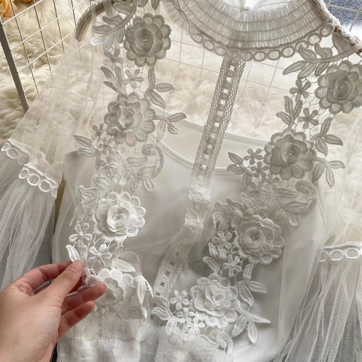 Lace See-Through Puff-Sleeve Vintage Fashion Blouse