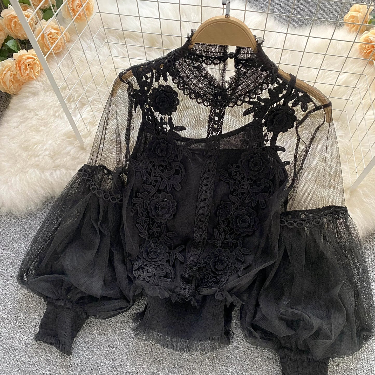 Lace See-Through Puff-Sleeve Vintage Fashion Blouse