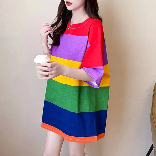 Vireous Women's Rainbow Stripe Round Neck Mini Dress, Long Top