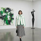 Vireous High-Neck Fashion Woollen Short Coat, Ivory with Green Trim