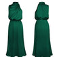 Vireous Summer Silk Satin Sleeveless Long Dress, Draped Bodice