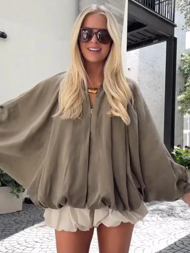 Vireous Women's Ruched Bat Sleeves Cropped Windbreak Jacket