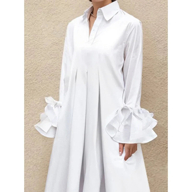 Vireous Flared-Sleeves Elegant Pleated Shirt Dress, Businesswear