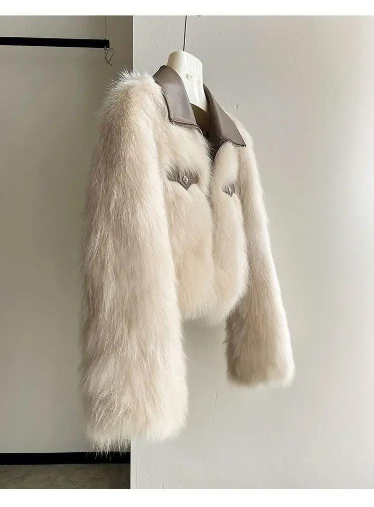 Vireous Polo Collar Women's Faux Fur Bomber Jacket, Spring and Autumn Collection