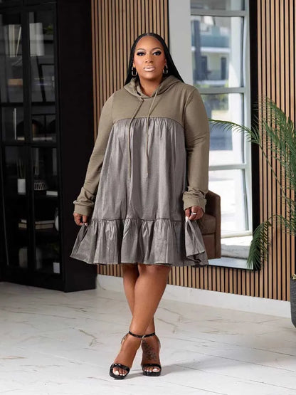 Plus-Size Preppy Hooded Casual Loose-Waist Dress