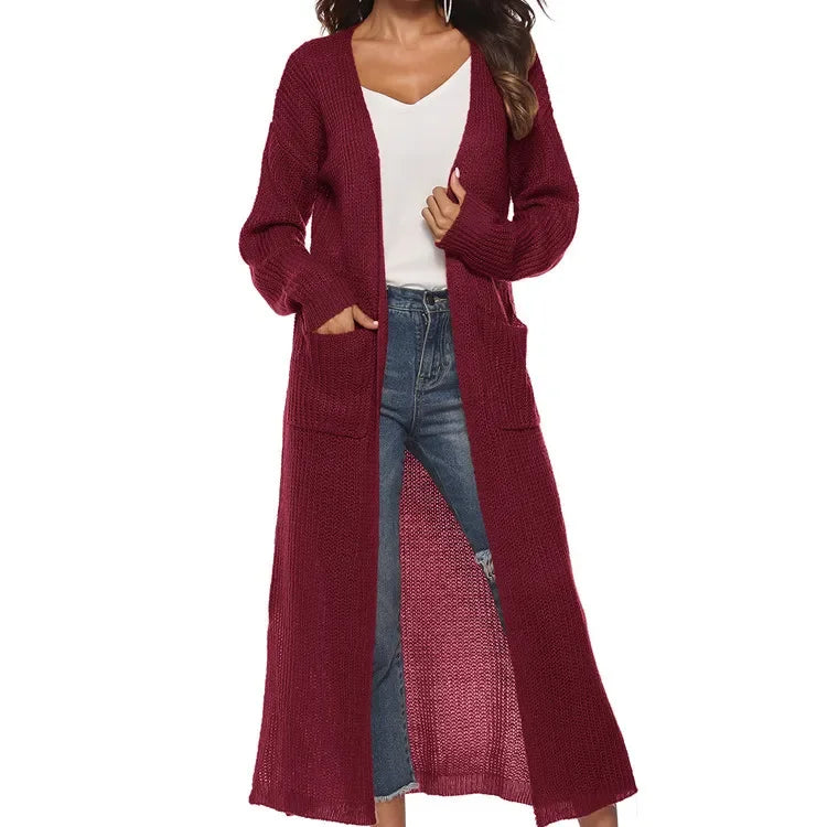 Thickened Long Pure Colour Pocket Irregular-Slit Sweater Coat