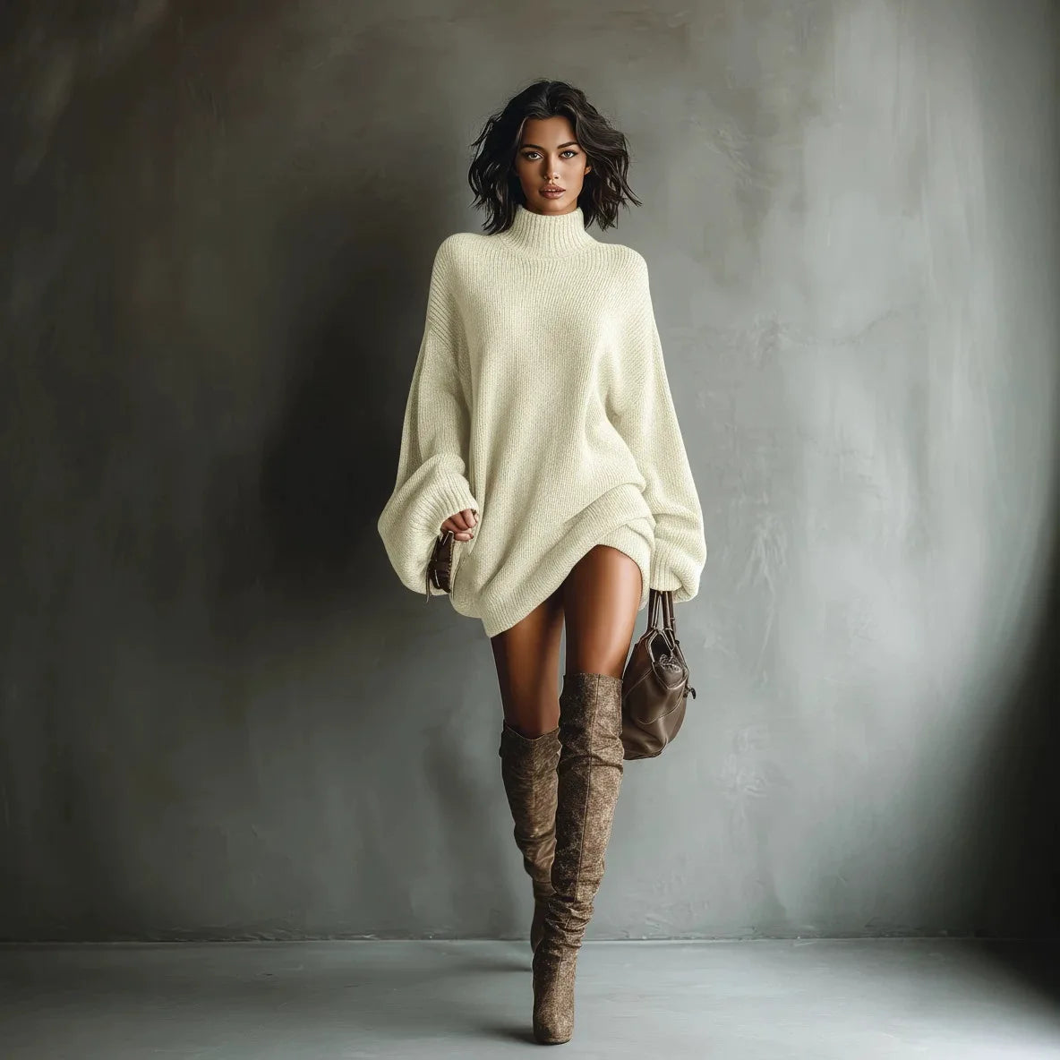 Vireous Round-Neck Loose Knitted Sweater Mini Dress