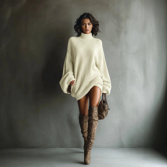 Vireous Round-Neck Loose Knitted Sweater Mini Dress