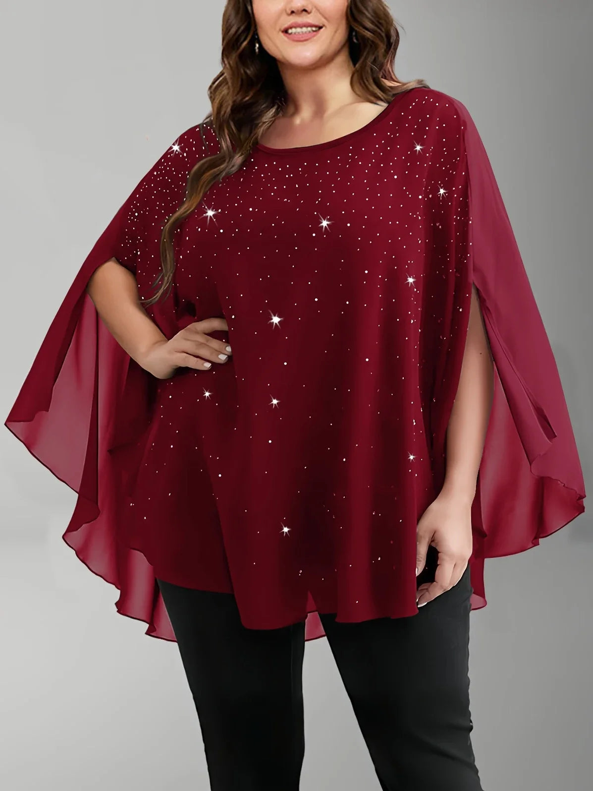 Women's Lightweight Sparkling Split-Sleeve Over-Size Blouse, Plus Sizes