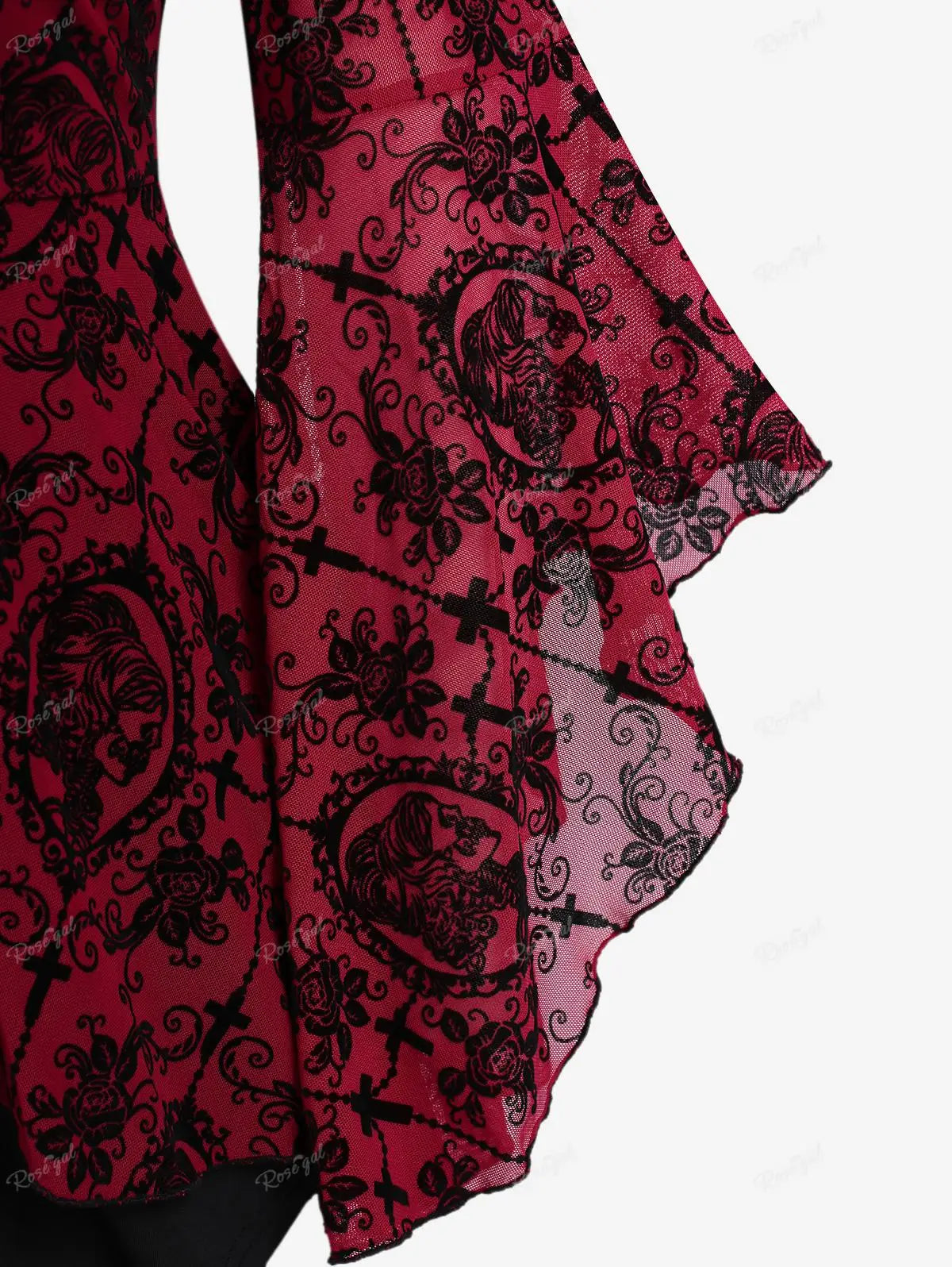 Gothic Bell Sleeves Organza Mesh Lace-Up Blouse, Plus Sizes