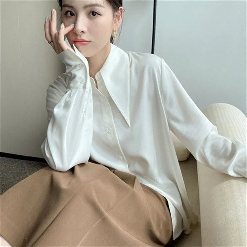 Vireous Long-Sleeve Peter Pan-Collar Blouse, Spring and Autumn Style