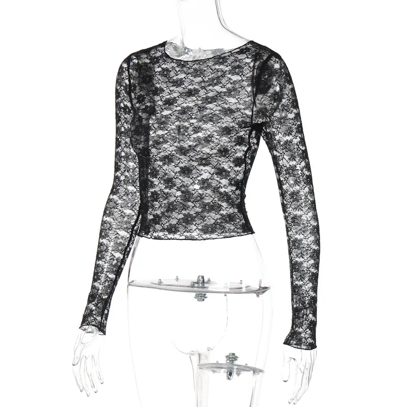 Vireous Long Sleeve See-Through Lace Crop Top