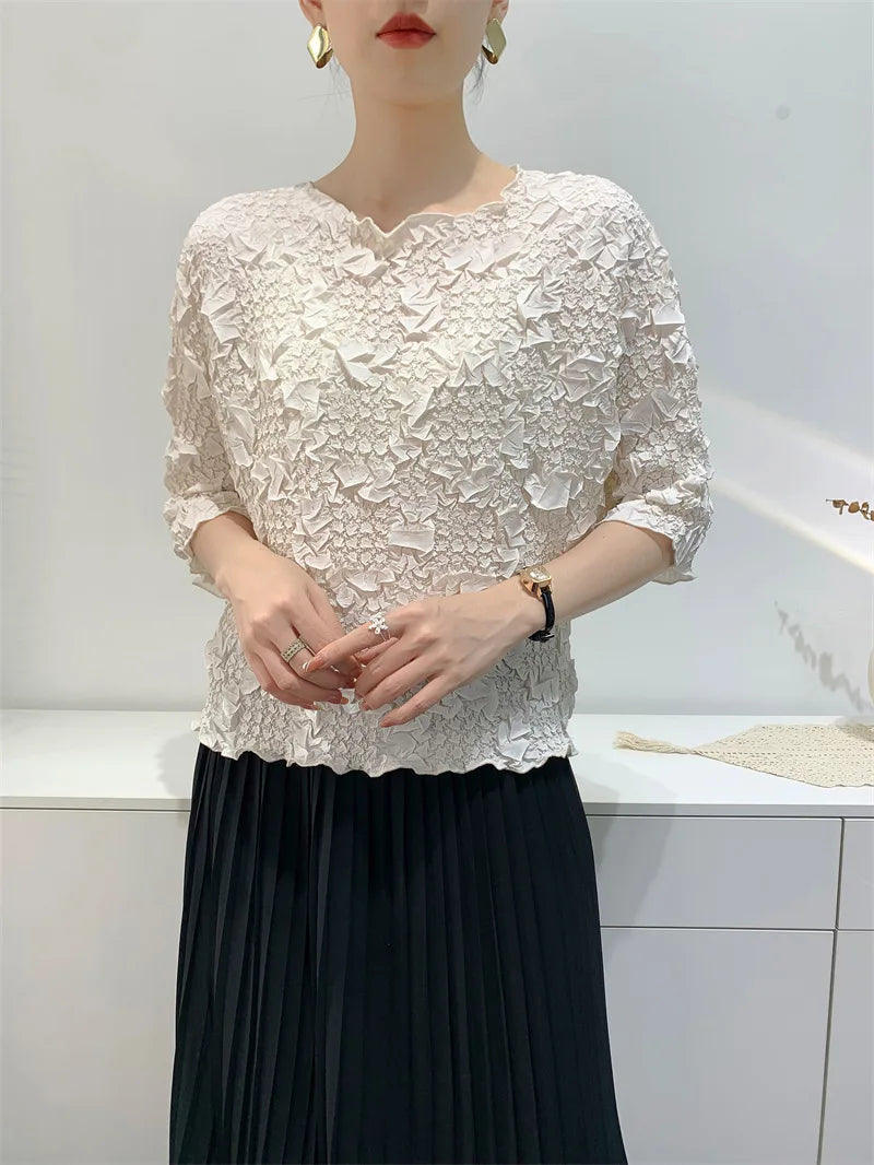 Miyake Embroidered Hand-Pleated Women's Round-Neck Top