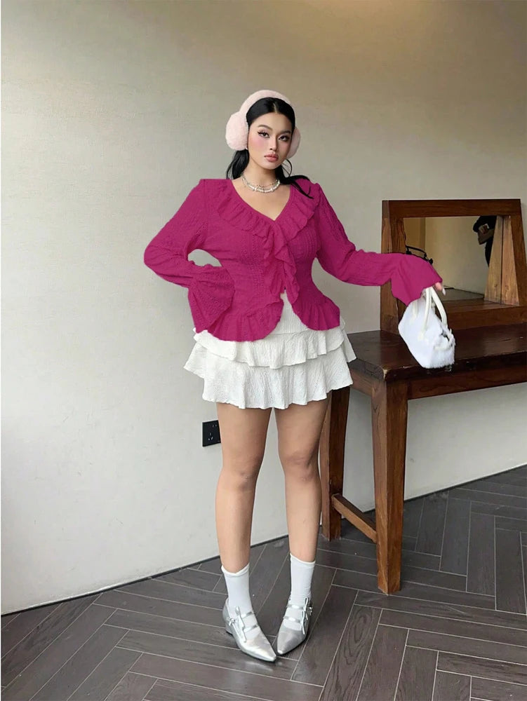 Vireous Elegant French Ruffle Flared-Sleeve Blouse, Plus Sizes