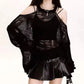 Dark Cross Punk Gothic Cold-Shoulder Loose See-Through Crop Top