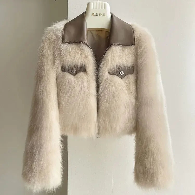 Vireous Polo Collar Women's Faux Fur Bomber Jacket, Spring and Autumn Collection