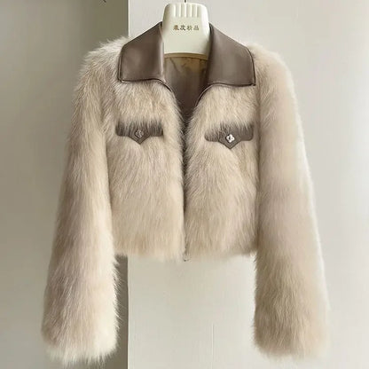 Vireous Polo Collar Women's Faux Fur Bomber Jacket, Spring and Autumn Collection