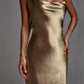 Metallic Gold Maxi Dress, Elegant Satin Backless Women's Gown