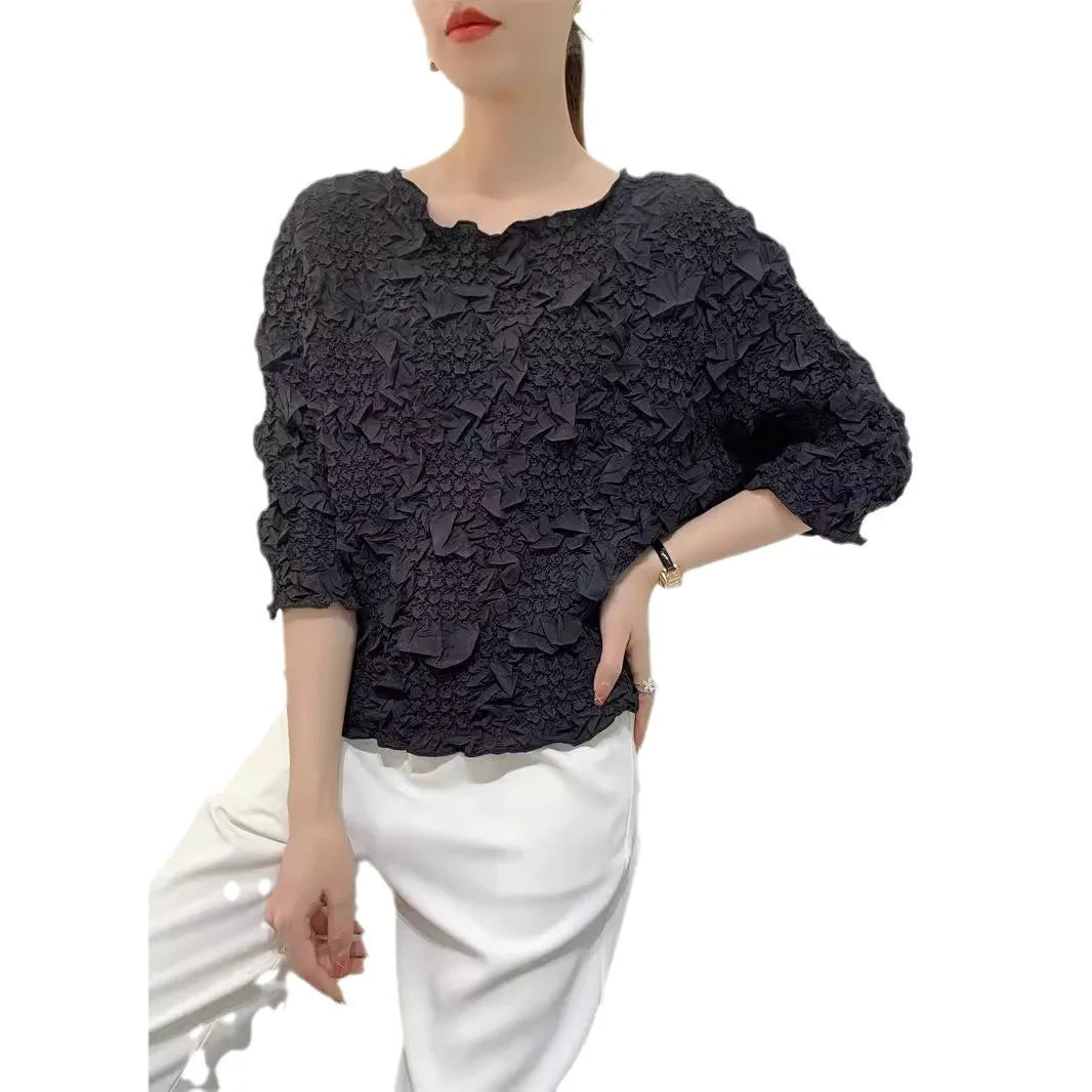 Miyake Embroidered Hand-Pleated Women's Round-Neck Top