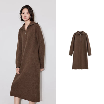 Women's Knitted Dress, Ankle-Length Lazy Style Dress in Brown