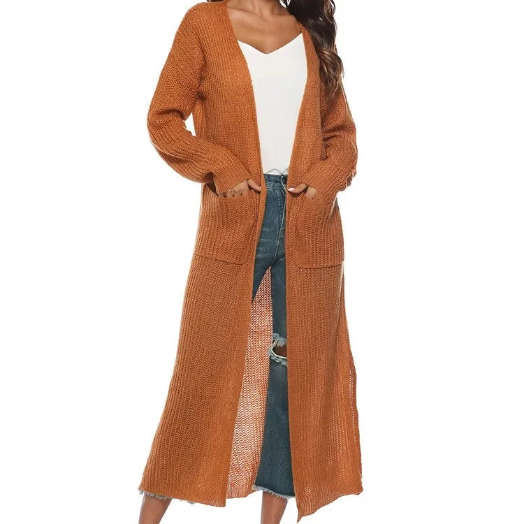 Thickened Long Pure Colour Pocket Irregular-Slit Sweater Coat