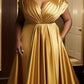 Plus-Size Formal Evening Gold Satin Dress, Elegant Tiered Bodice