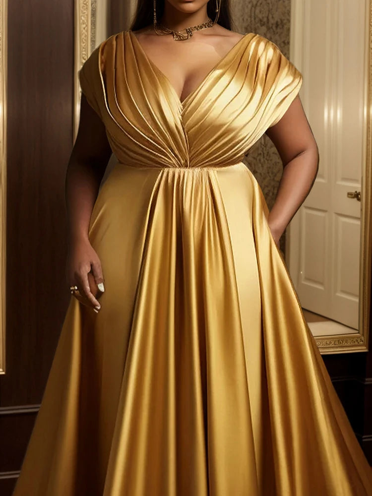 Plus-Size Formal Evening Gold Satin Dress, Elegant Tiered Bodice