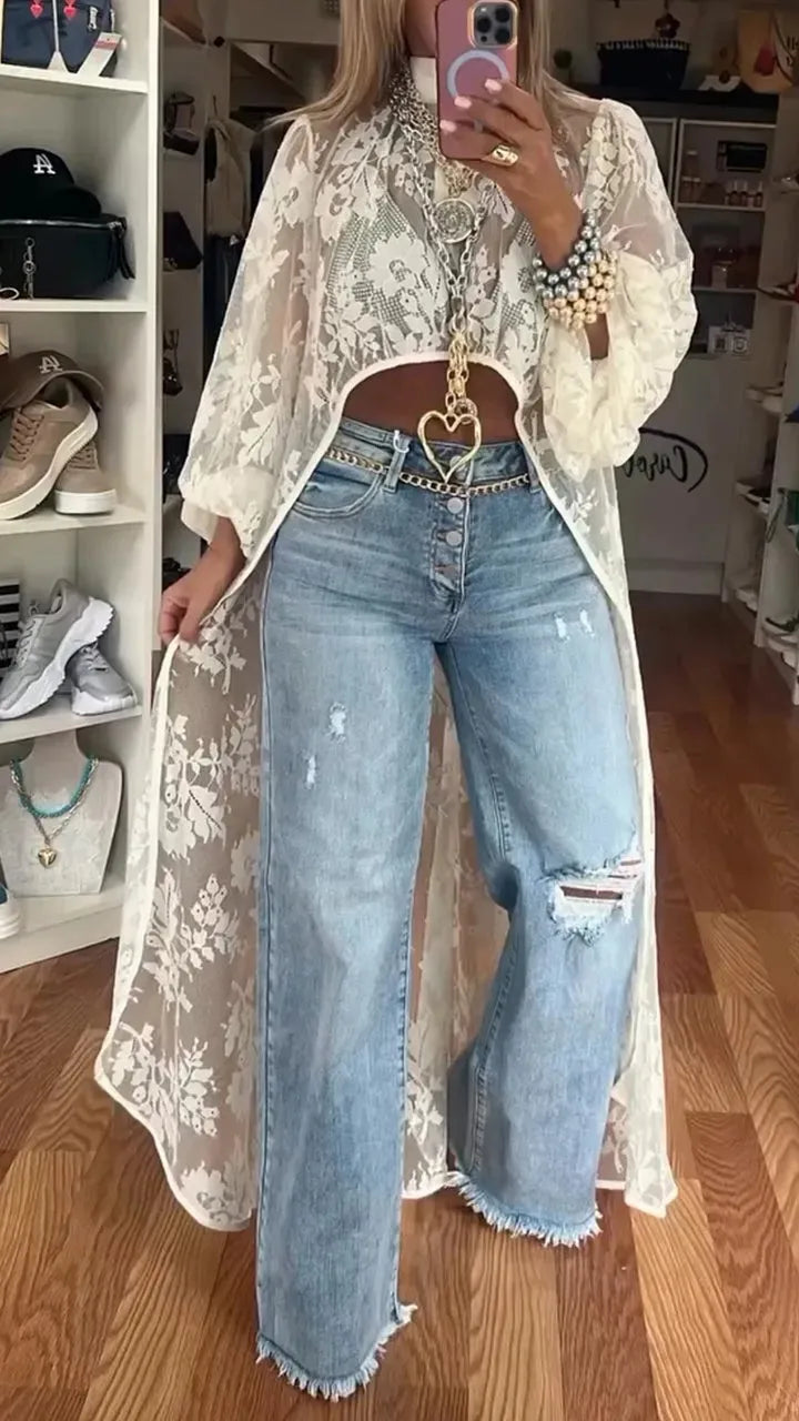 Vireous Lace Floral Extra-Long Shirt Top, High Neck Overwear