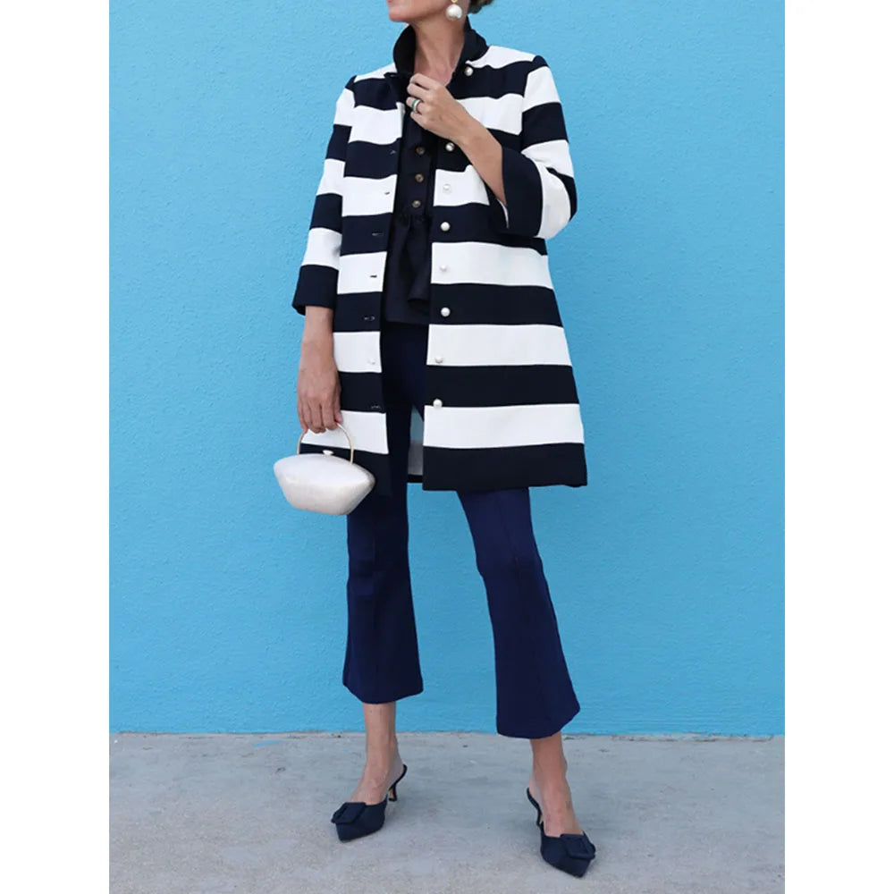 Vireous Black and White Three-Quarter Sleeves Classic-Cut Women's Pea Coat