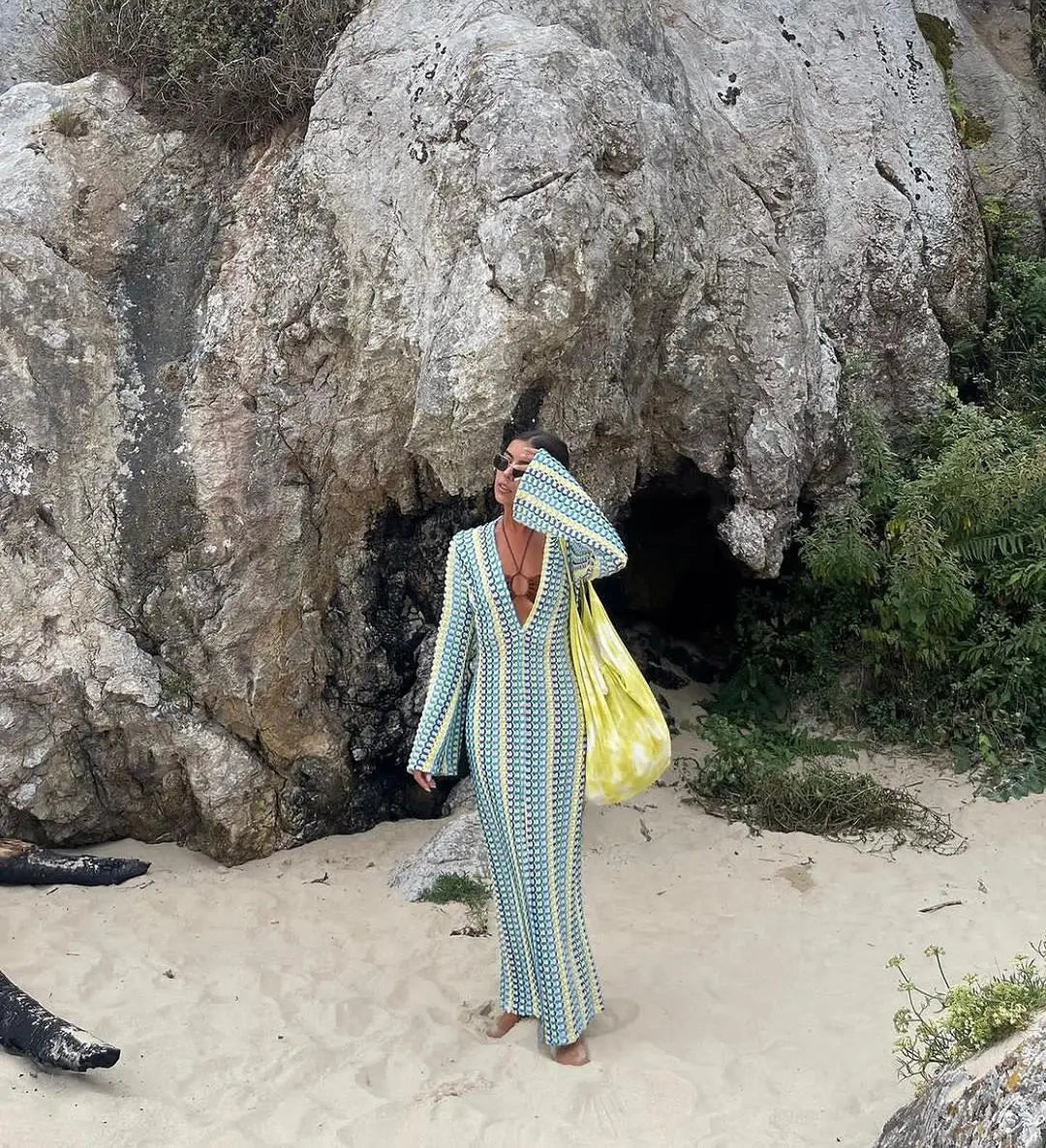 Vireous Crochet Colourful Women's Stripe Maxi Dress