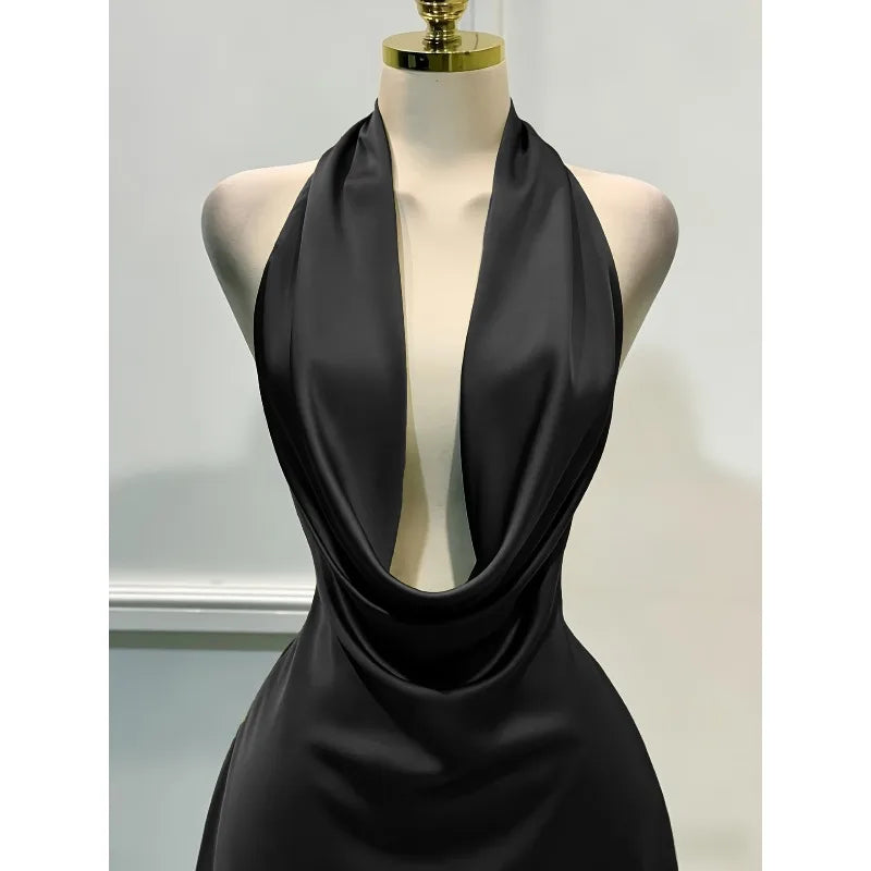 Vireous Satin Party Mini Dress, Open Back Summer Evening Wear
