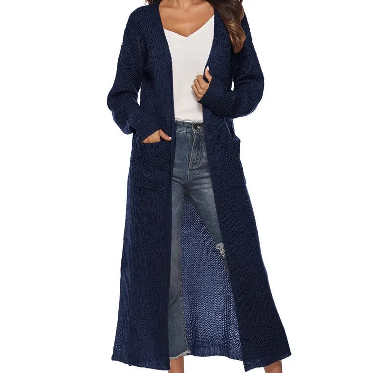 Thickened Long Pure Colour Pocket Irregular-Slit Sweater Coat