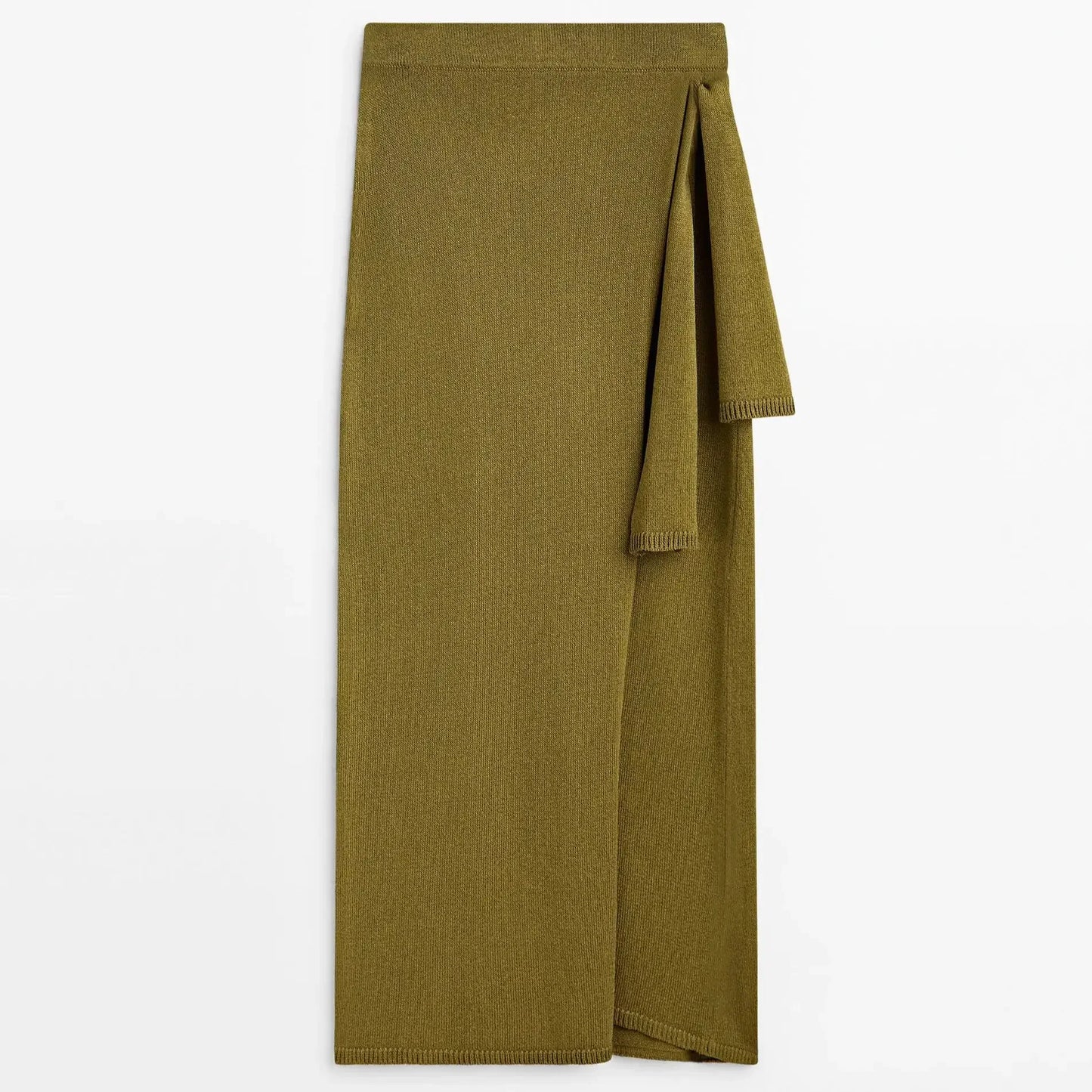 Vireous Women's Fashion Knitted Side-Knot Army Green Split-Front Long Skirt