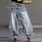 Women's Fashion Hipster Baggy Distressed Jeans with Sparkling Rhinestones