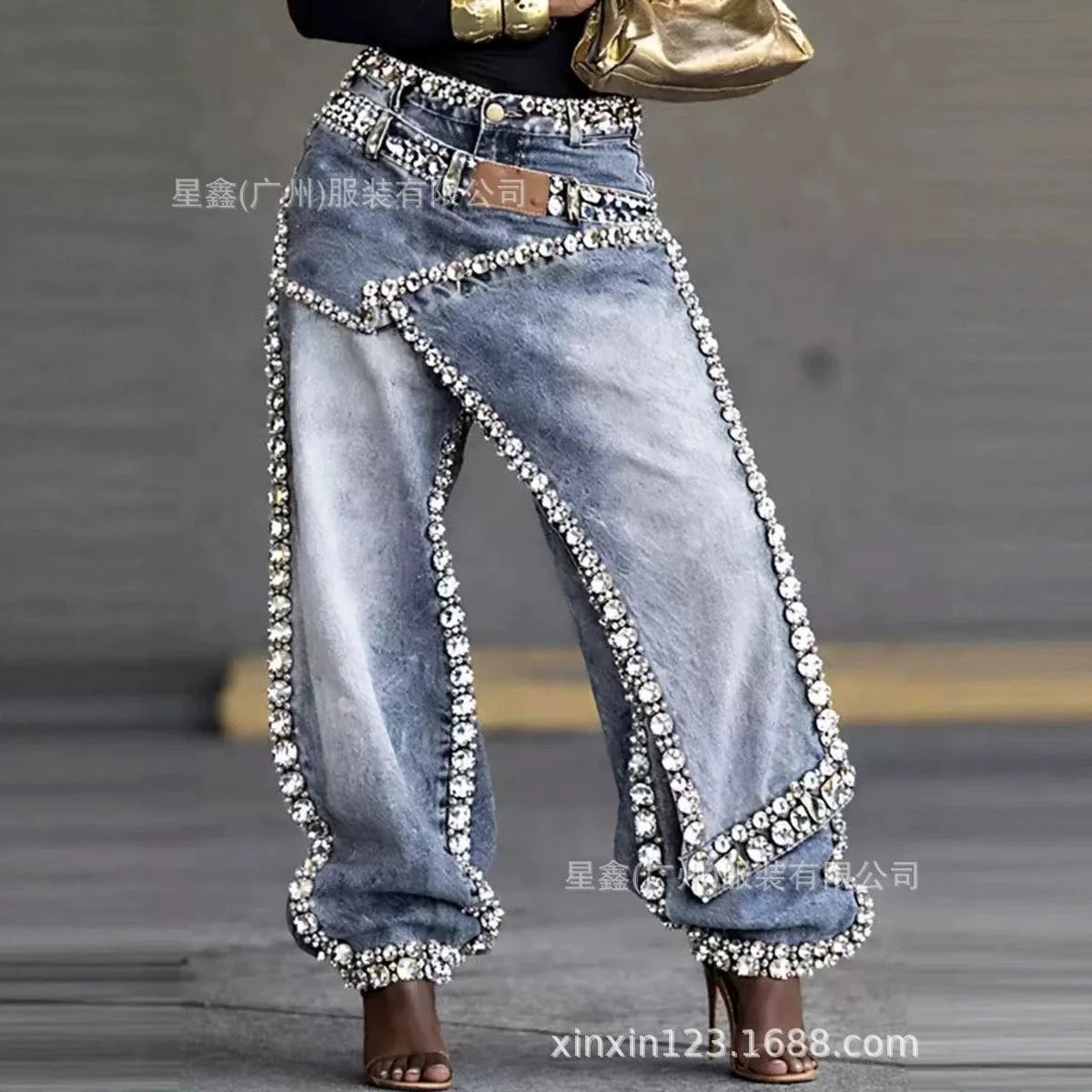 Women's Fashion Hipster Baggy Distressed Jeans with Sparkling Rhinestones