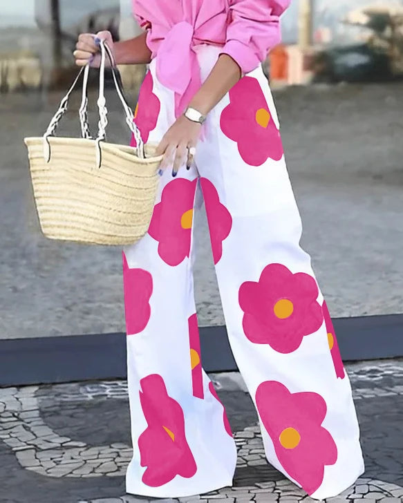 Vireous Loose Wide-Leg Contrast Colour Floral-Printed Casual Pants