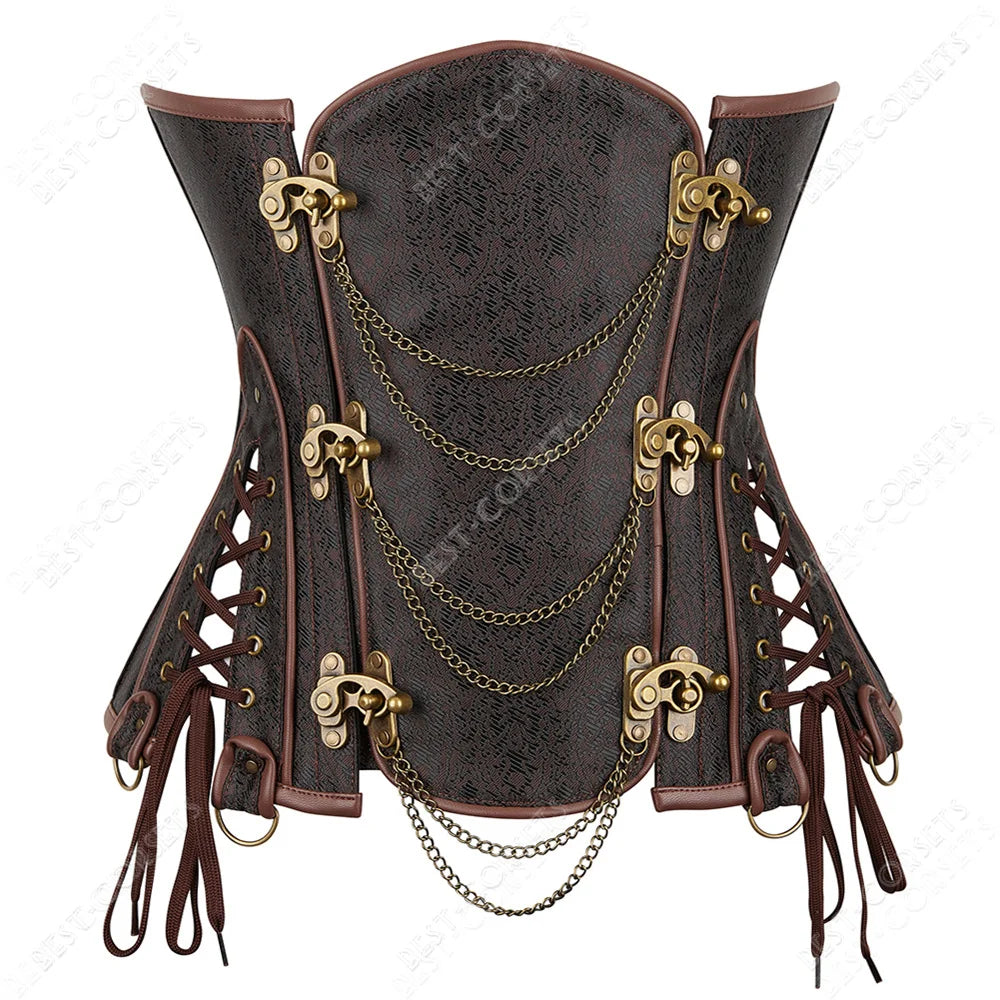 Women's Steampunk Faux-Leather Underbust Corset in Brown