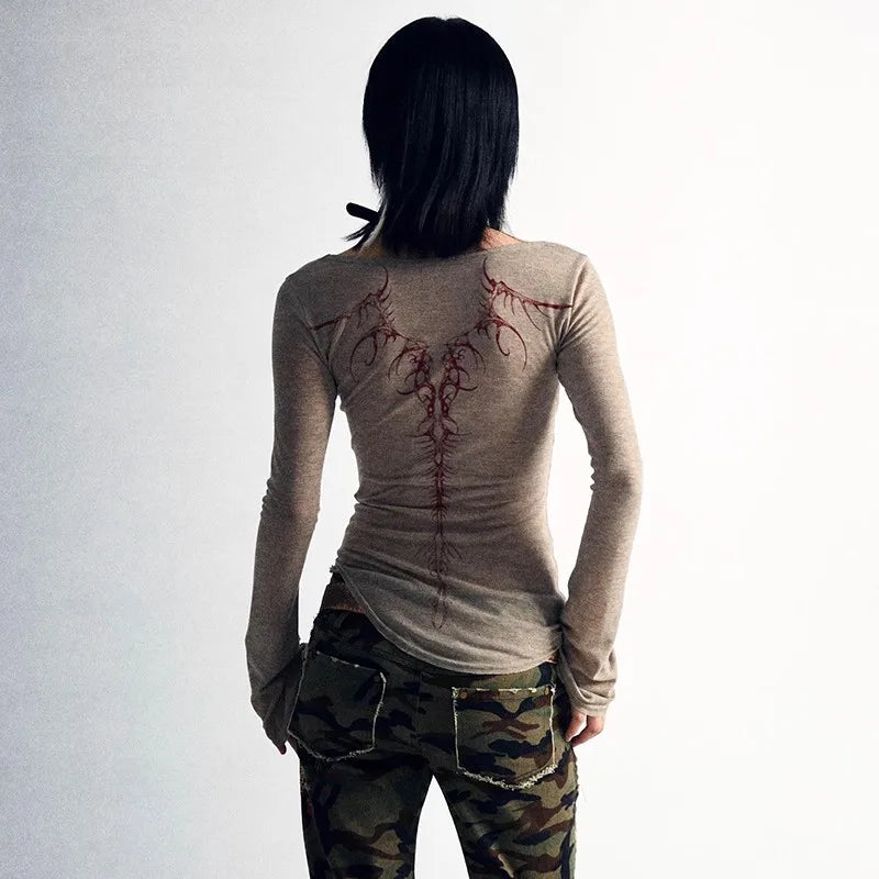Women's Grunge Aesthetic Knitted Top with Spine Design