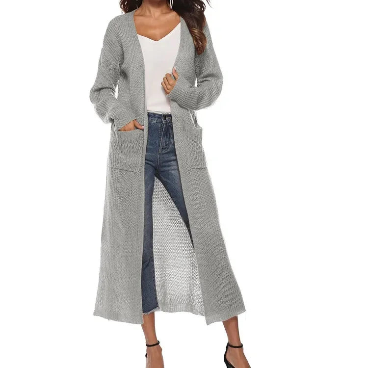 Thickened Long Pure Colour Pocket Irregular-Slit Sweater Coat