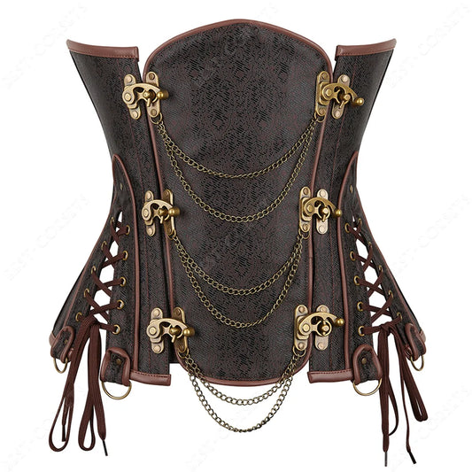 Women's Steampunk Faux-Leather Underbust Corset in Brown