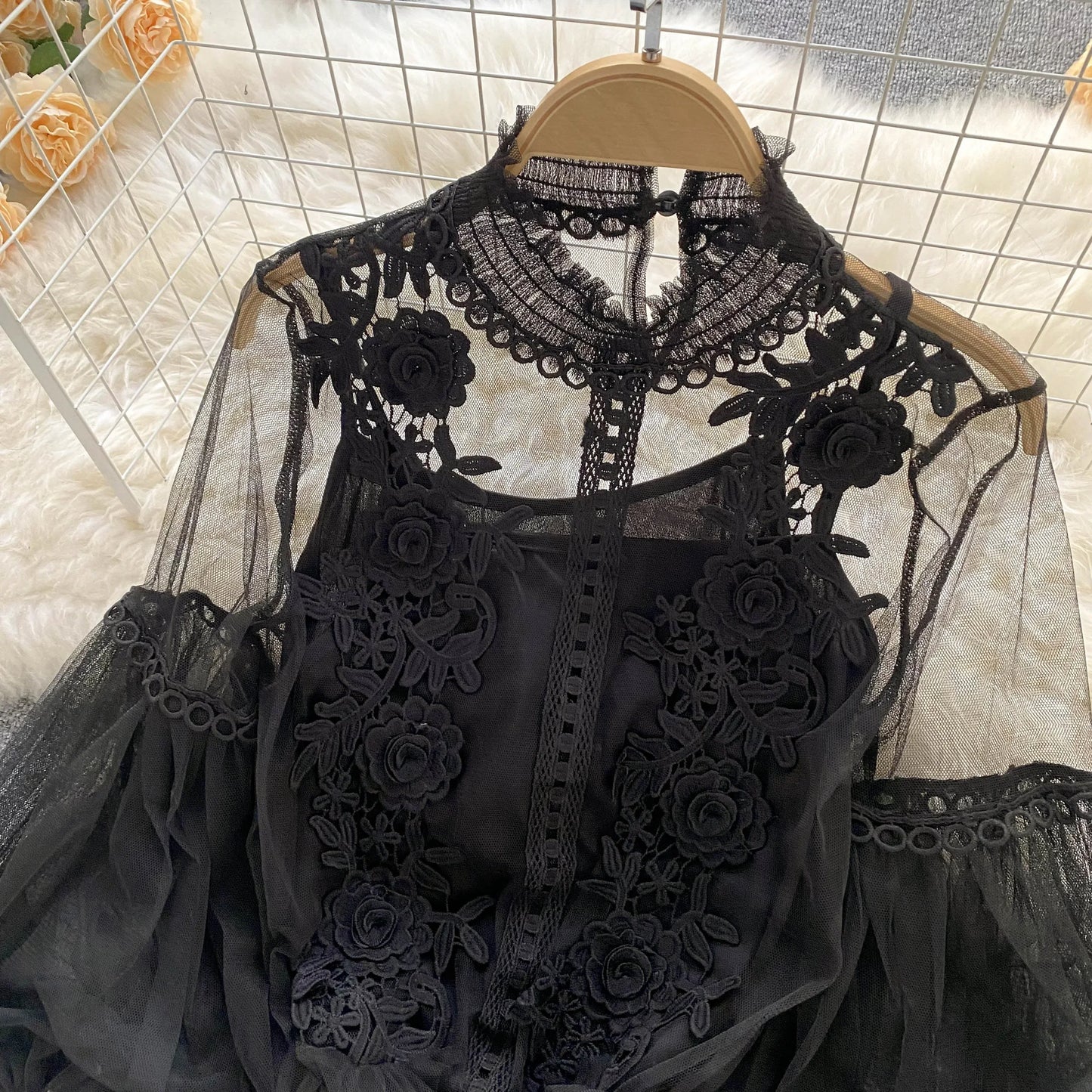 Lace See-Through Puff-Sleeve Vintage Fashion Blouse