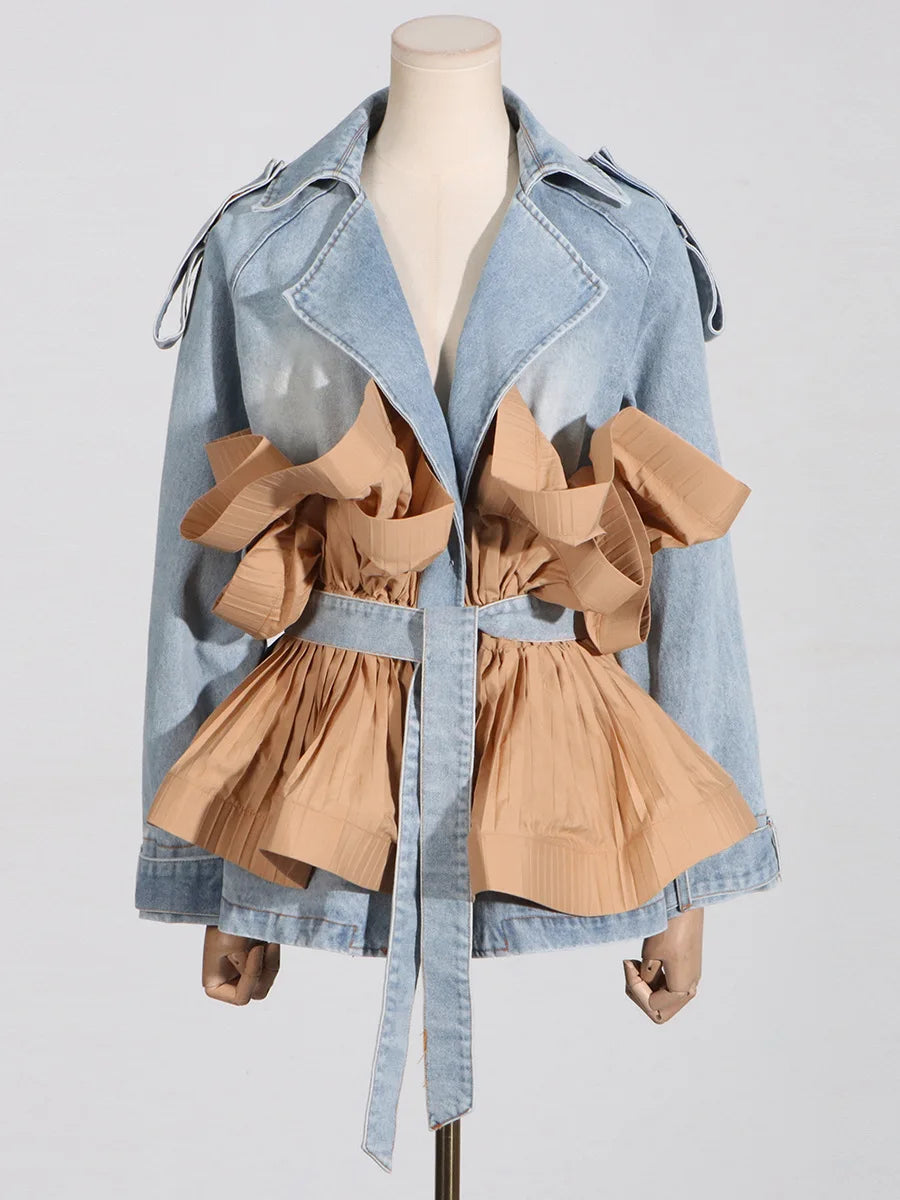 Women's Comfort Stone-Washed Denim Jacket with Bold Ruffles, Catwalk Collection