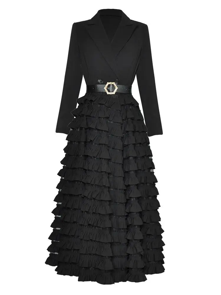 Vireous Black Suit-Collar Tiered Maxi Dress, Winter Catwalk Collection