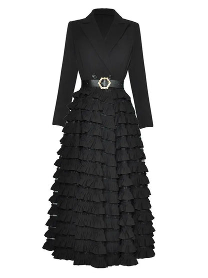 Vireous Black Suit-Collar Tiered Maxi Dress, Winter Catwalk Collection