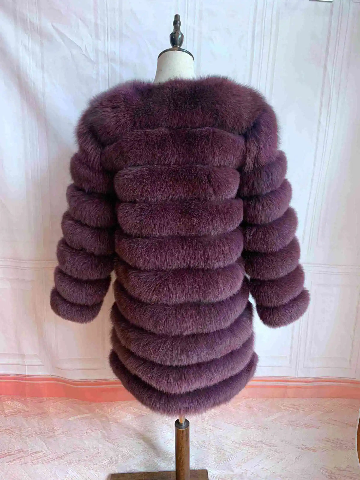 Avant Garde Ribbed Round-Neck Luxury Real Fox Fur Coat