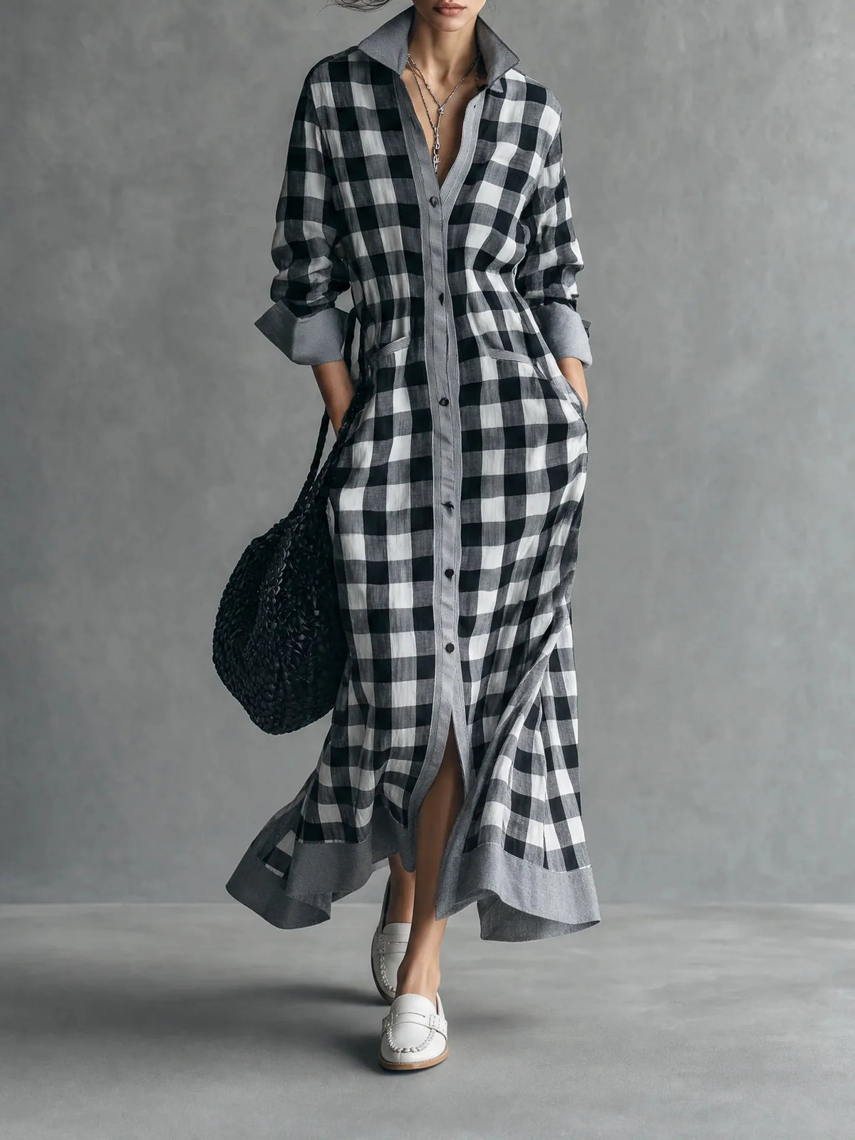 Vireous Bold Gingham Long Dress, Vacation Dress with Pockets