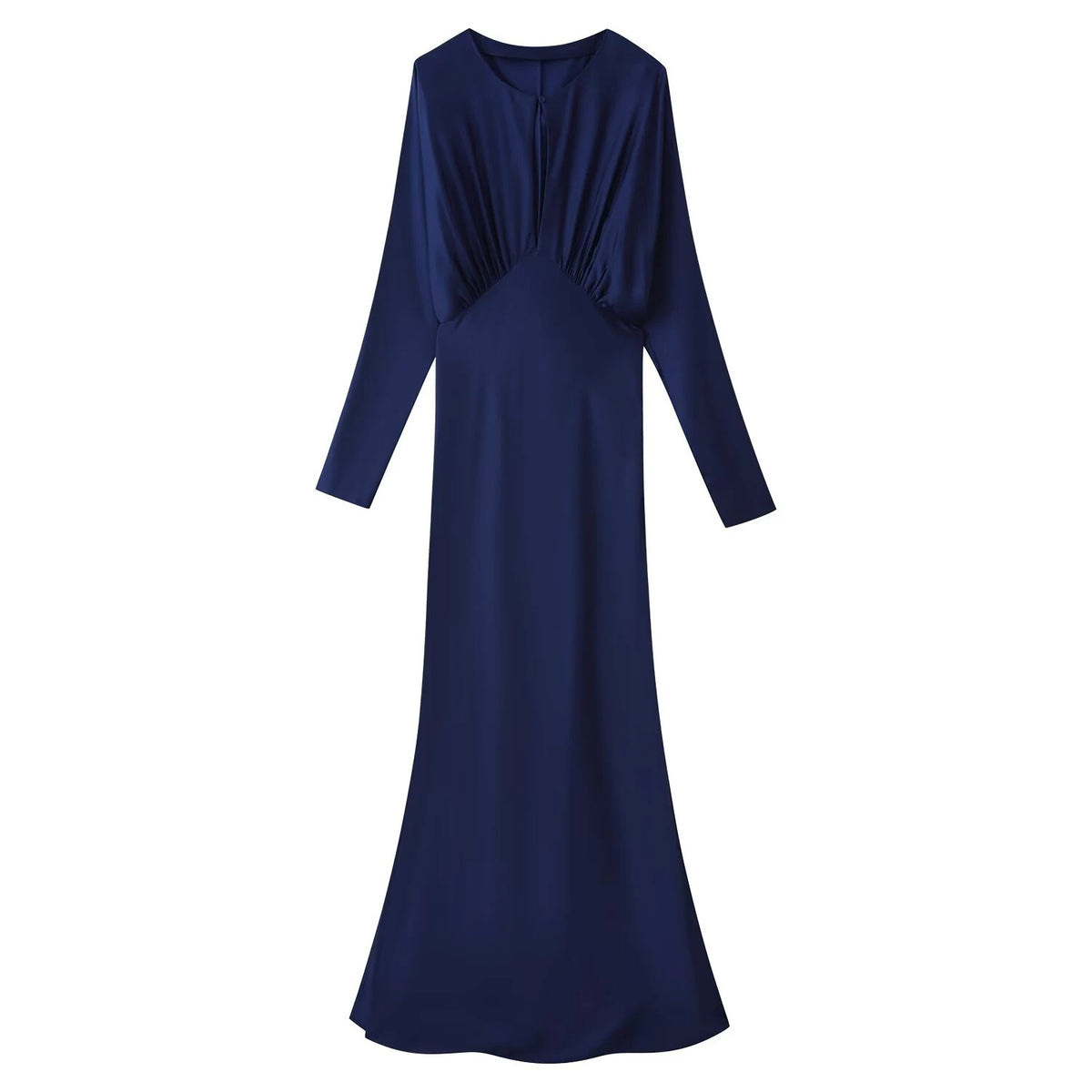 Elegant Round-Neck Silky Satin Long Dress in Navy