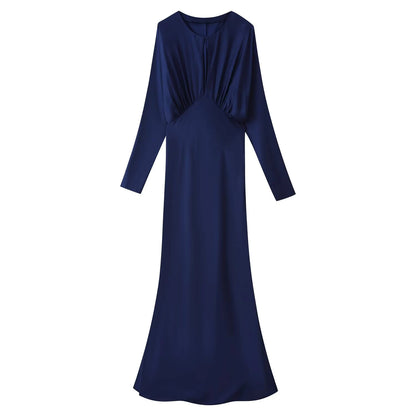 Elegant Round-Neck Silky Satin Long Dress in Navy