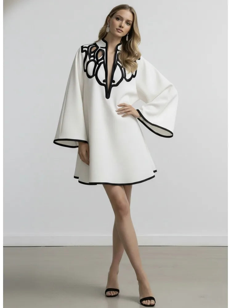 Avant Garde Black and White Contrast Bell-Sleeve Loose Fit Mini Dress