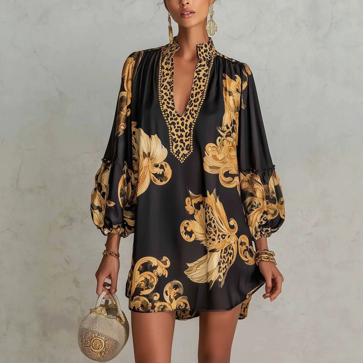 Vireous Black Gold Baroque Satin Mini Dress